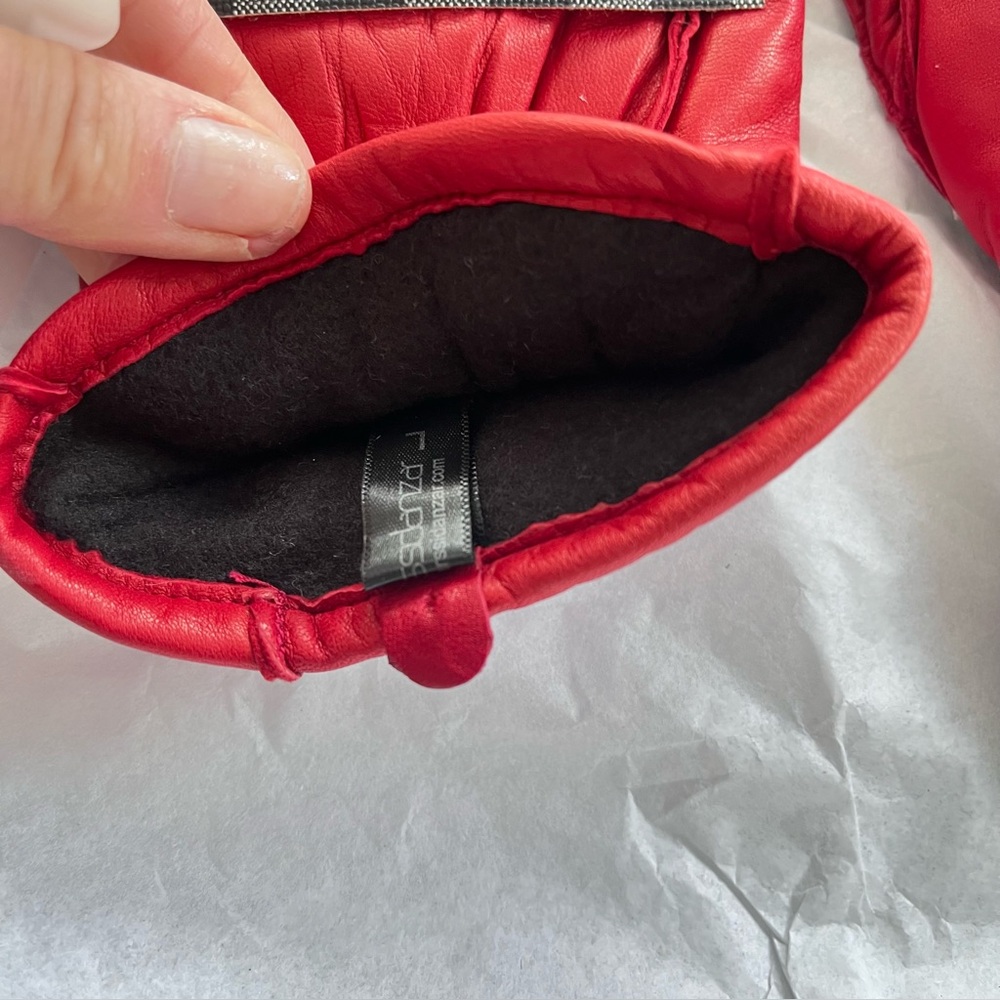 Red Leather Mittens With Check Detail - Picture 2 of 2